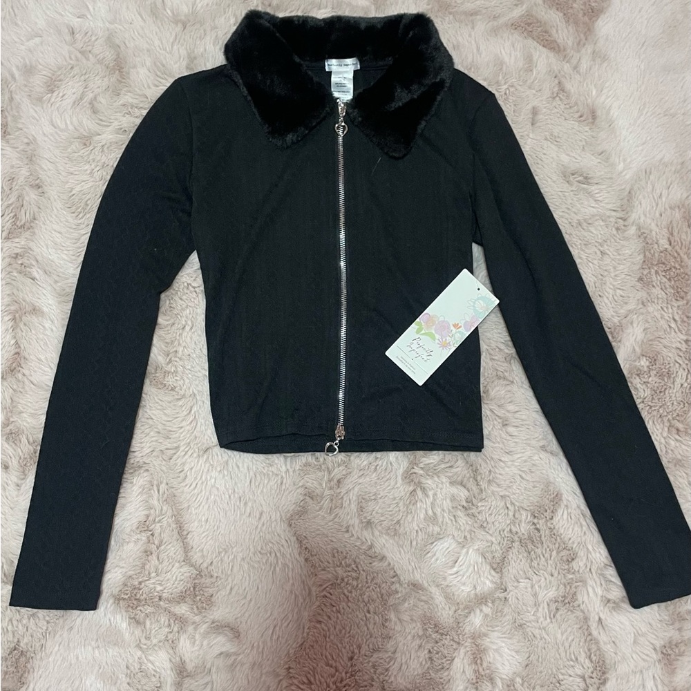 Black Faux Fur Collar Jacket with duo heart zippers